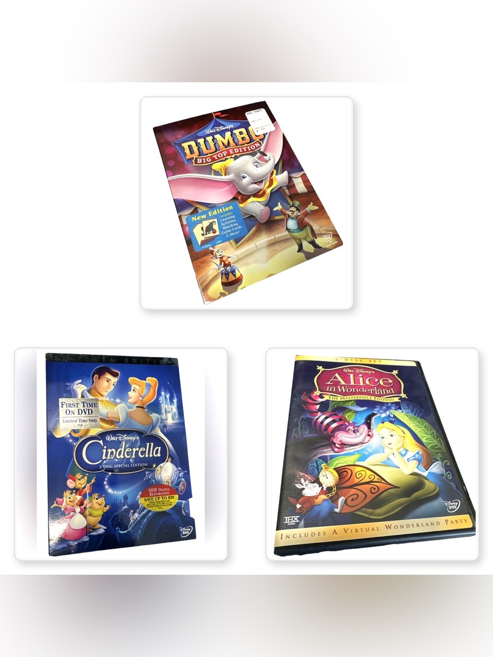 Disney Classics 3-Movie DVD Bundle Dumbo Cinderella Alice Wonderland